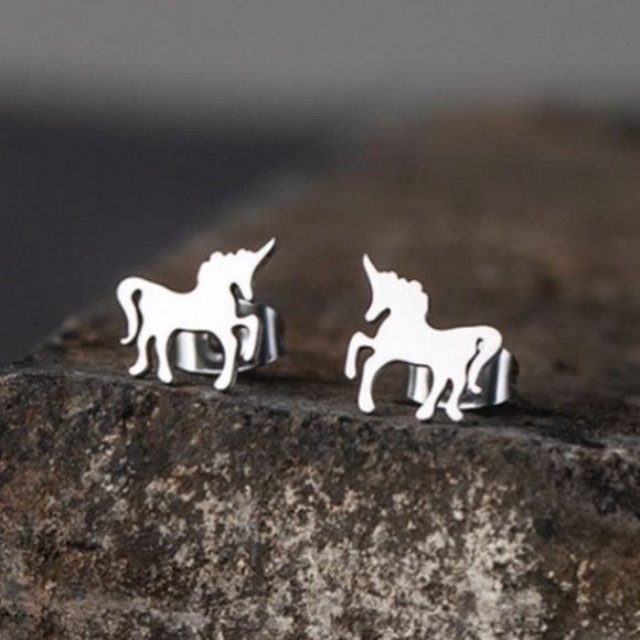 SILVER Unicorn Stainless Steel Stud Earrings With Gift Bag - Picture 1 of 5